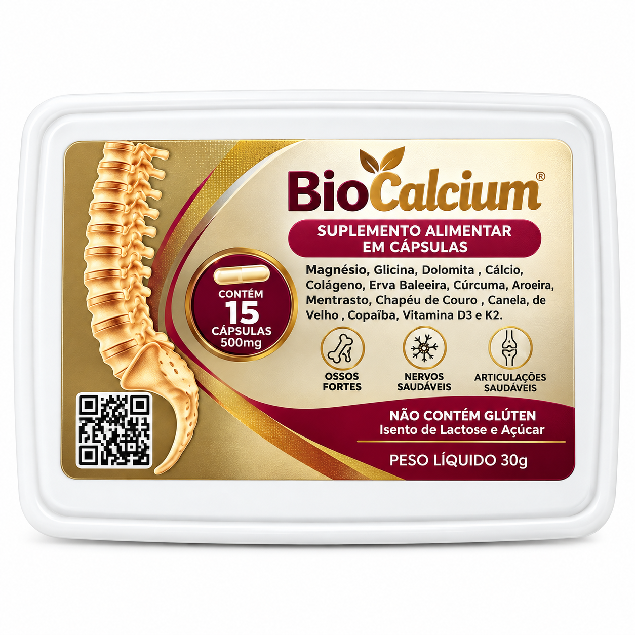 Embalagem oficial do suplemento BioCalcium em cápsulas