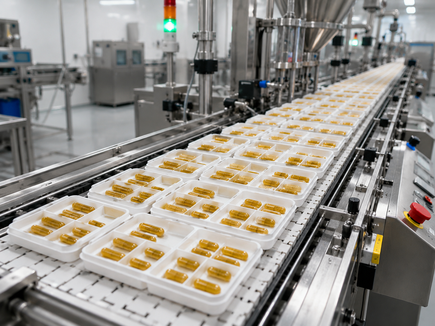 Cápsulas BioCalcium em bandejas na linha de envase automatizada